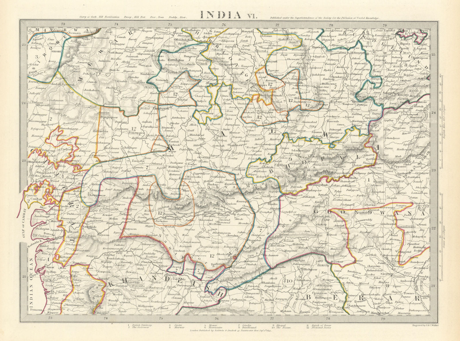 INDIA.Bundelkhand to Khandeish Berar.Gujerat. Goondwana Bhopal.SDUK 1844 map